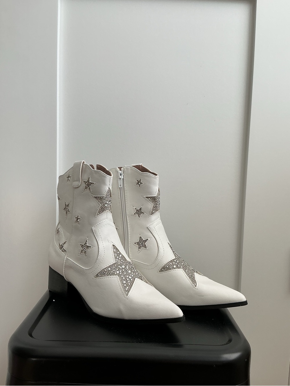 Betsey Johnson White Rhinestone Star Western Ankle Boots